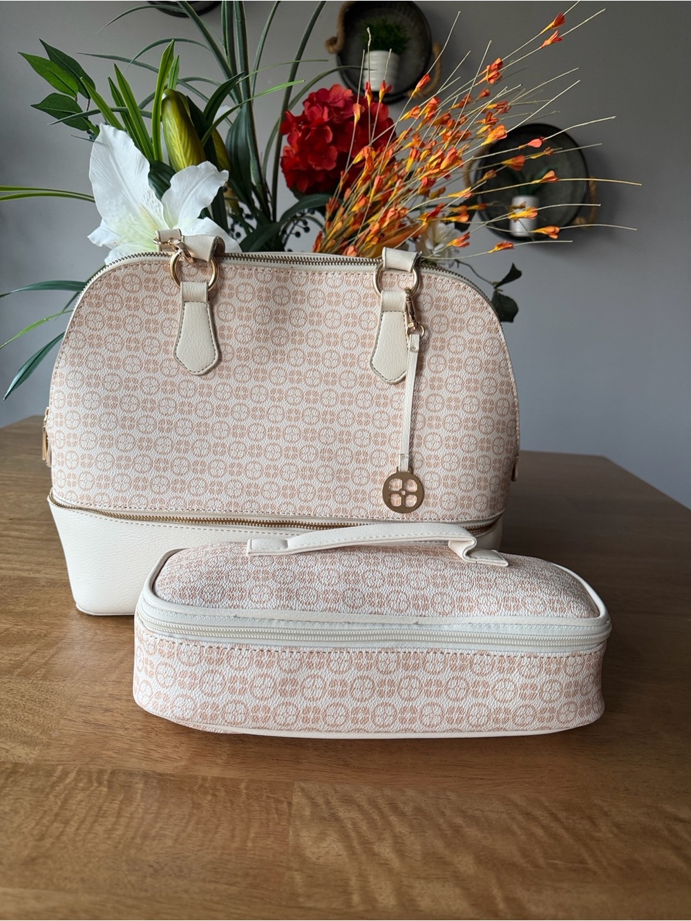 IMAN Cream and Tan Patterned Dome Satchel with Matching Pouch